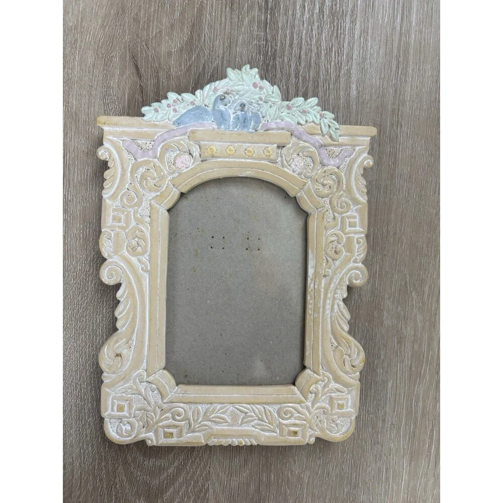 Vintage Love Birds Resin Picture Frame Pastel Rococo Floral Bow 3x4 Tabletop